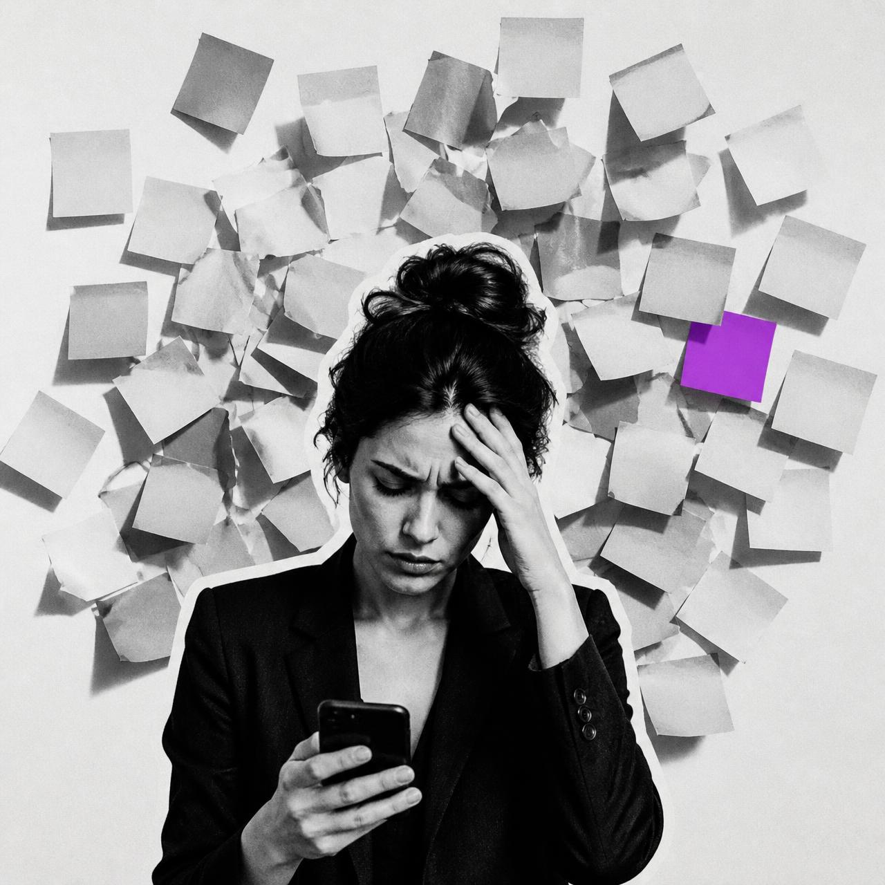 Profissional com celular na mão cercada de post-its em branco e um post-it roxo
